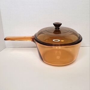 Vintage Corning Visions Visionware 1.5L Amber Sauce Pan Pot w Lid Made In USA